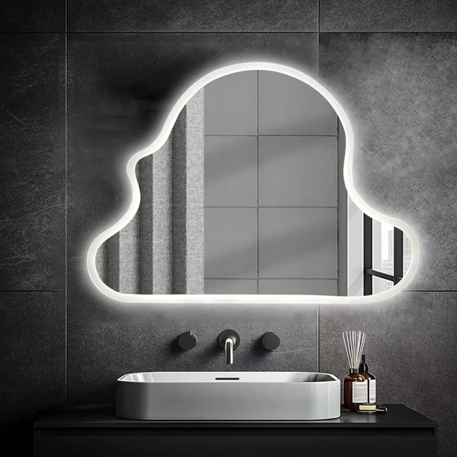 Cloud Shaped LED Bathroom Mirror, Lighted Bathroom Vanity Mirror for Wall, Anti-Fog, Dimmable, Memory Function,Irregularly Shaped and cute Vanity Mirror