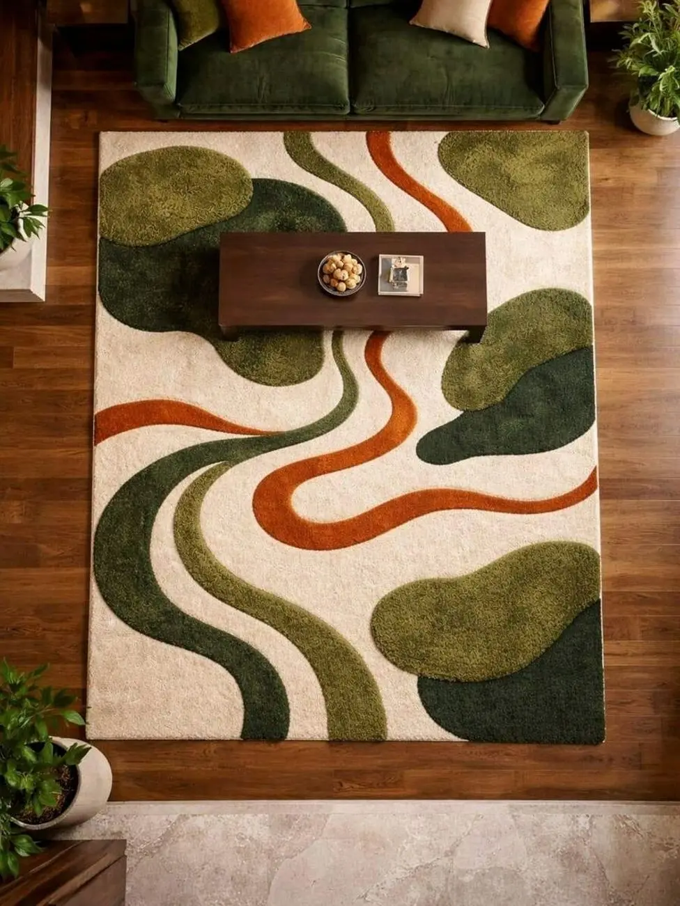 Carpet Luxury H1andmade Tufted Rug  Ol Green Wave Pattern Carpet  Modern Abstract Home Carpet .