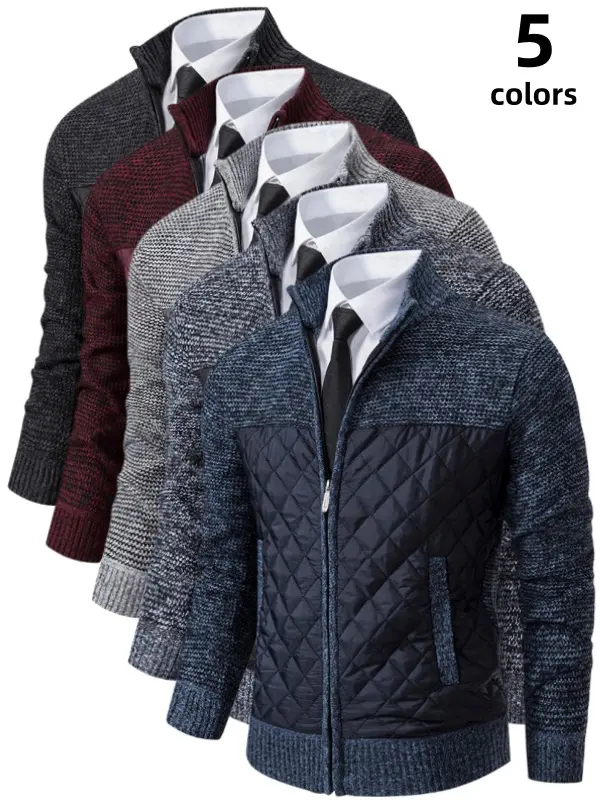 Men's Long Sleeve Zip-Up Stand Collar Fleece-Lined Thick Quilted Splice Knit Cardigan Jacket, Menswear Tops with Soft Stretch Regular Fit, Warm Windproof Casual Plain Outerwear for Office Daily Fall Winter Layering, Fleece Jacket, Full Zip