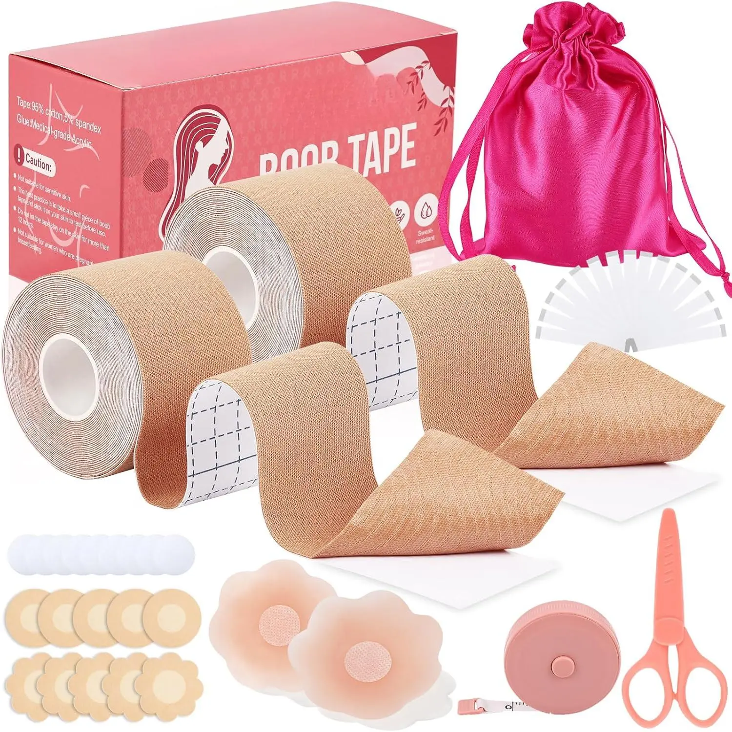 Boob Tape Kit - BoobTape for Breast Lift, 2 Body Tape, 4 PCs Silicone Breast Petals, 20 PCs Satin Nipple Stickers, 36 PCs Double Sided Tape, Boobtape for A-G Cotton Fabric