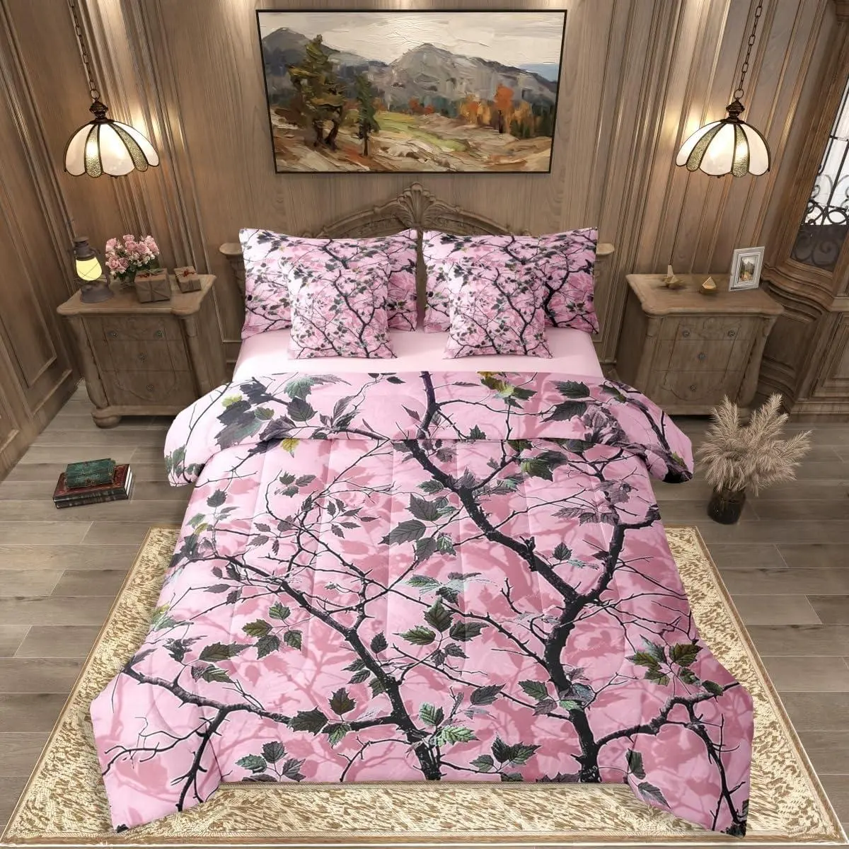 Pink Camouflage 7 Pieces Bedding Set,Rustic Cabin Lodge Bed in a Bag,Woodland Branches Leaves Bed Set Includes Comforter,Sheet Set,Pillowcases & Pillow Covers,Hunting Camo Bedroom Decor
