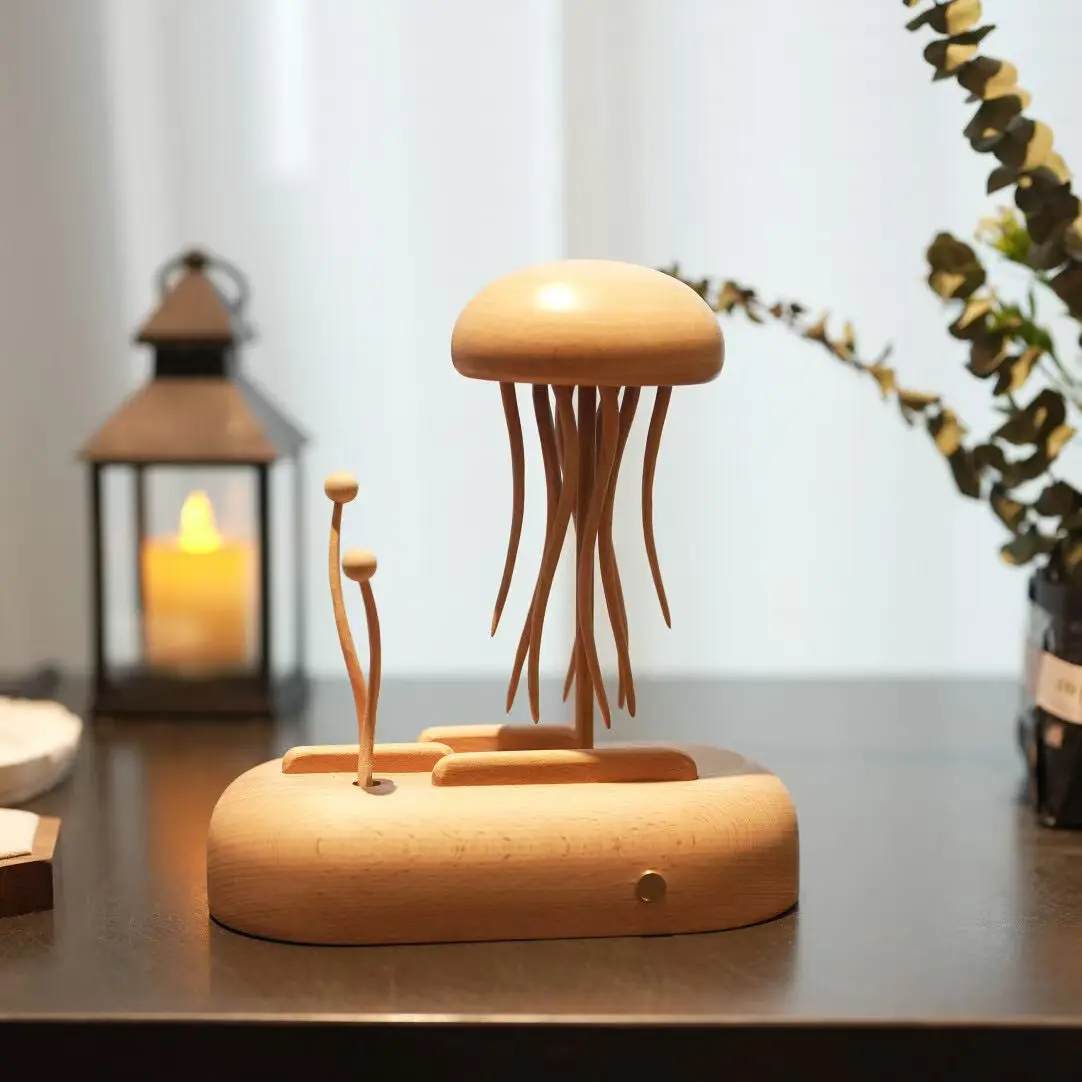Ocean Lovers Wooden Jellyfish Automaton Handcrafted Walnut Wood Sculpture with Lifelike Tentacle Motion Rechargeable Battery Decor Gift 21cm x 11cm x 22cm - Ornaments homedecor