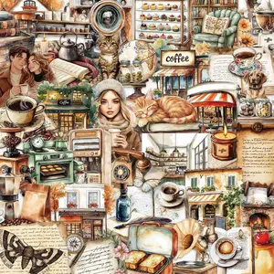 Coffee Themed Watercolor Sticker, 50pcs/set Vintage Style Creative Coffee Pattern Sticker, DIY Decorative Sticker for Phone Case, Laptop, Guitar, Bag, Water Cup, Scrapbook, Screen Protector