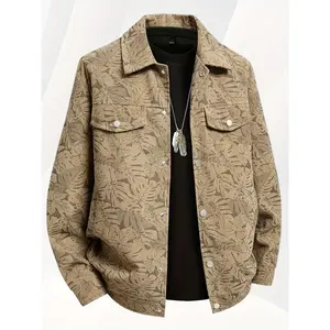 Men'S Casual Style Denim Work Jacket With Maple Leaf Print, Made Of Polyester Knit Fabric, Featuring A Loose Fit, Reversible Collar, And Pocket Details - A Stylish Lightweight Coat For Spring And Autumn.