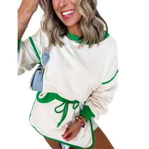 Mntaor Women's St. Patrick's DayContrast Loose Winteroutfit Long Sleeve Pullover and Lace-Up Waist Skort Set-Comfortable Fit for Chic Occasions Womenswear Outfit