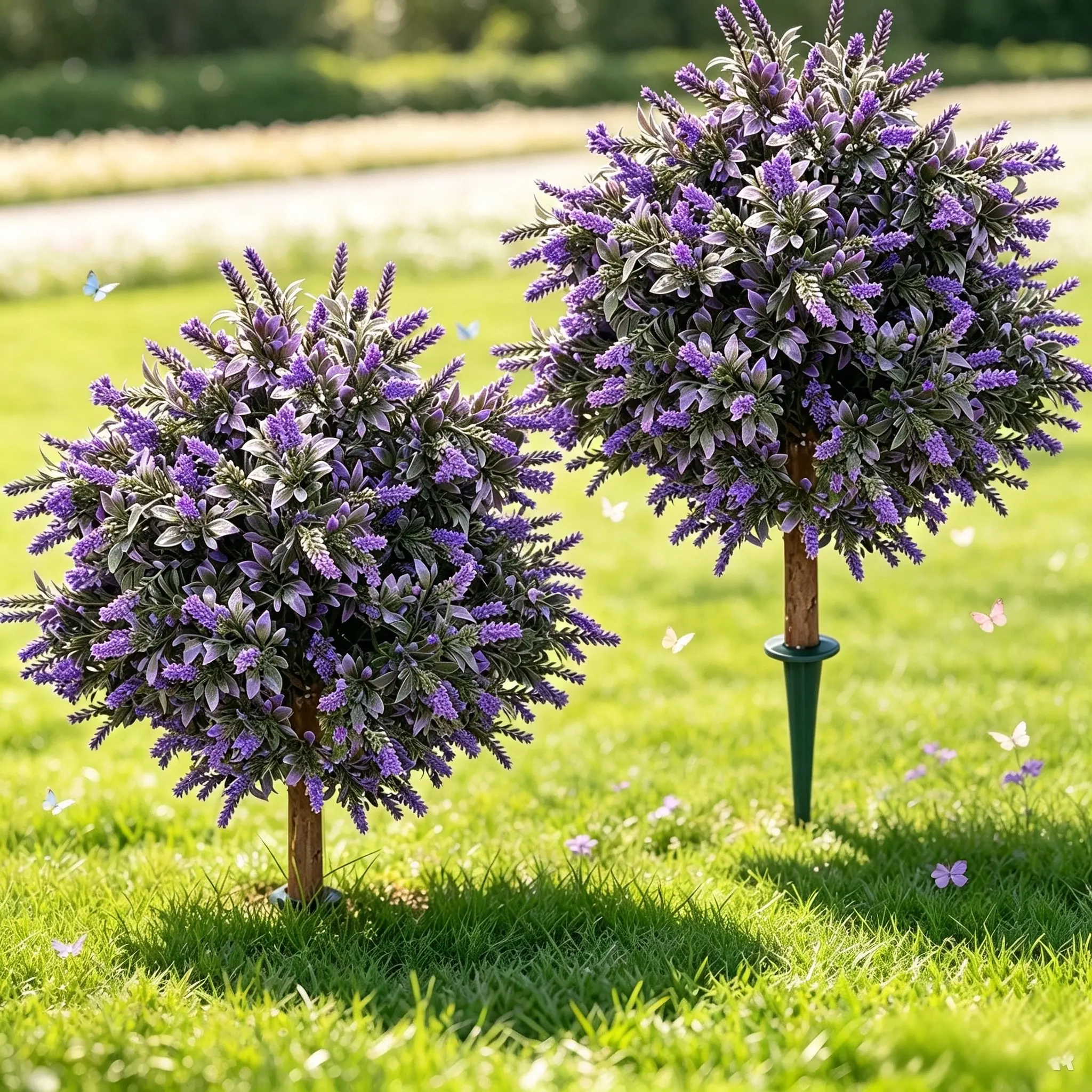 2-Piece Decor Set - 24" Artificial Lavender Topiary Ball Tree with Ground Spike & Artificial Boxwood Bushes, Lifelike Fake Plant, Indoor Outdoor Decorative Faux Shrub for Porch Garden, UV-Resistant, Fade-Proof, Room Decor