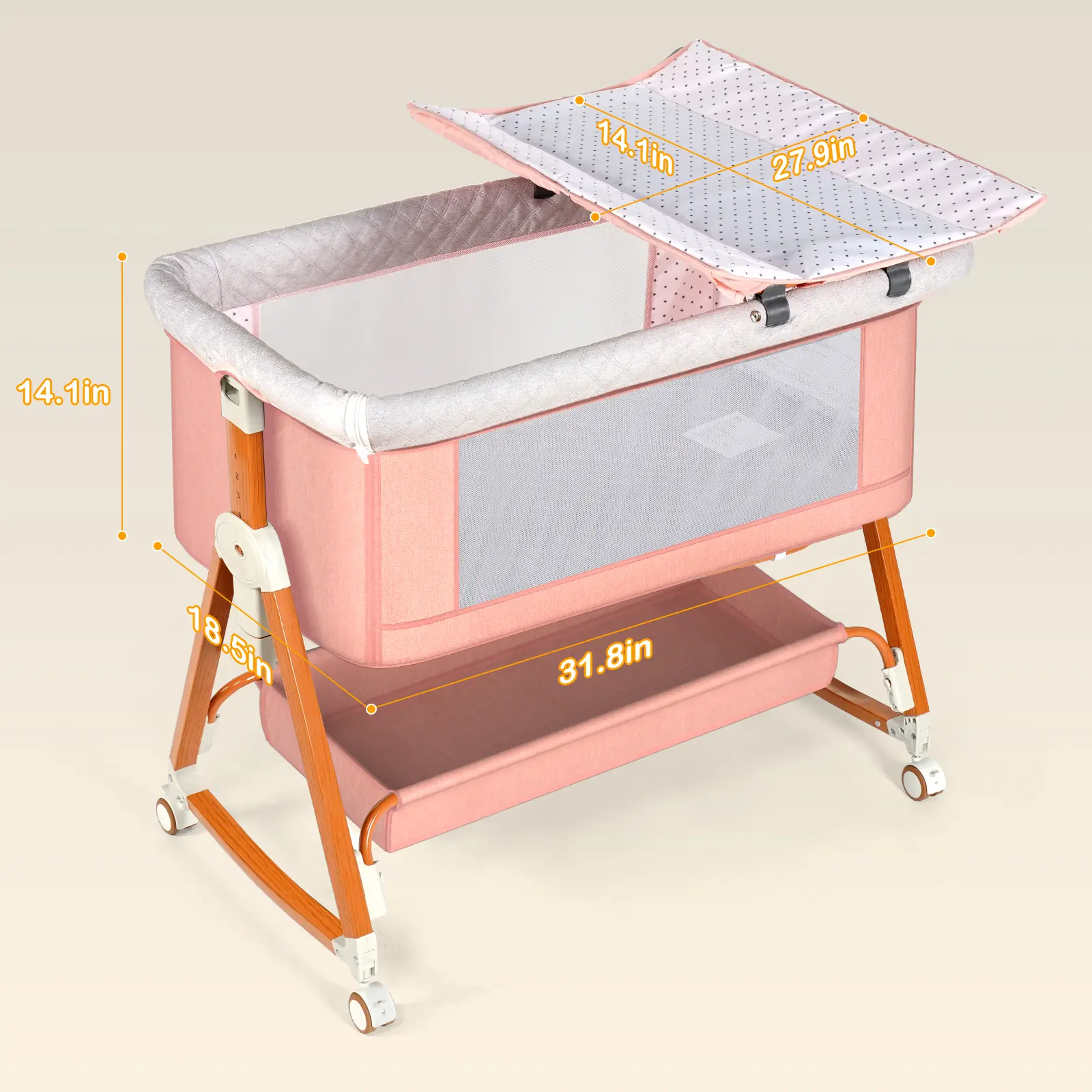 Baby Bassinet Crib Sleeper with changing table,6 Height Adjustable Cribs, Easy to Fold Portable Crib Side Bassinet, Swing Cradle Bed Side Sleeper with Ventilated Net&Wheels