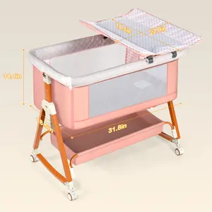 Baby Bassinet Crib Sleeper with changing table,6 Height Adjustable Cribs, Easy to Fold Portable Crib Side Bassinet, Swing Cradle Bed Side Sleeper with Ventilated Net&Wheels