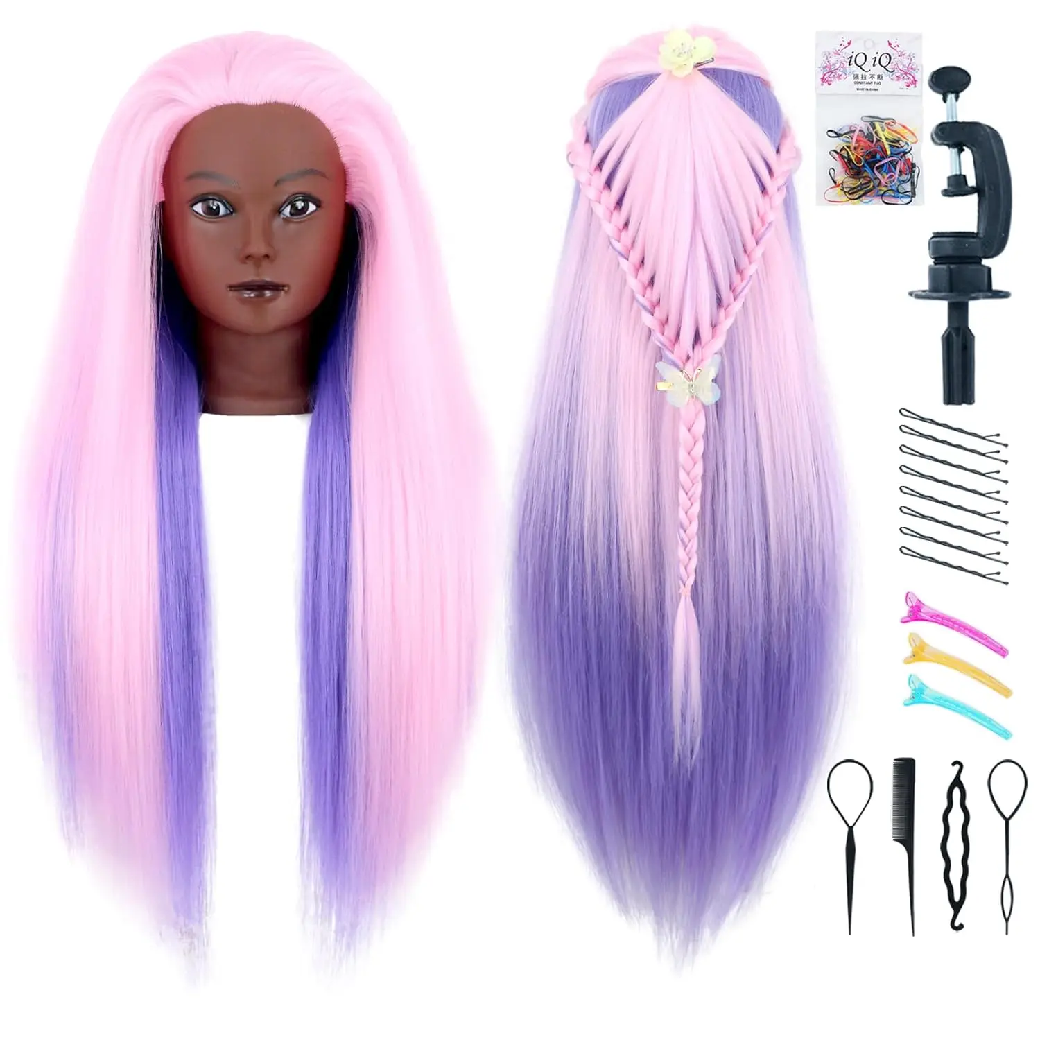 Mannequin  with Hair 29" Doll  for Hair Styling for   With Clamp Holder and Styling ToolsPink Purple)