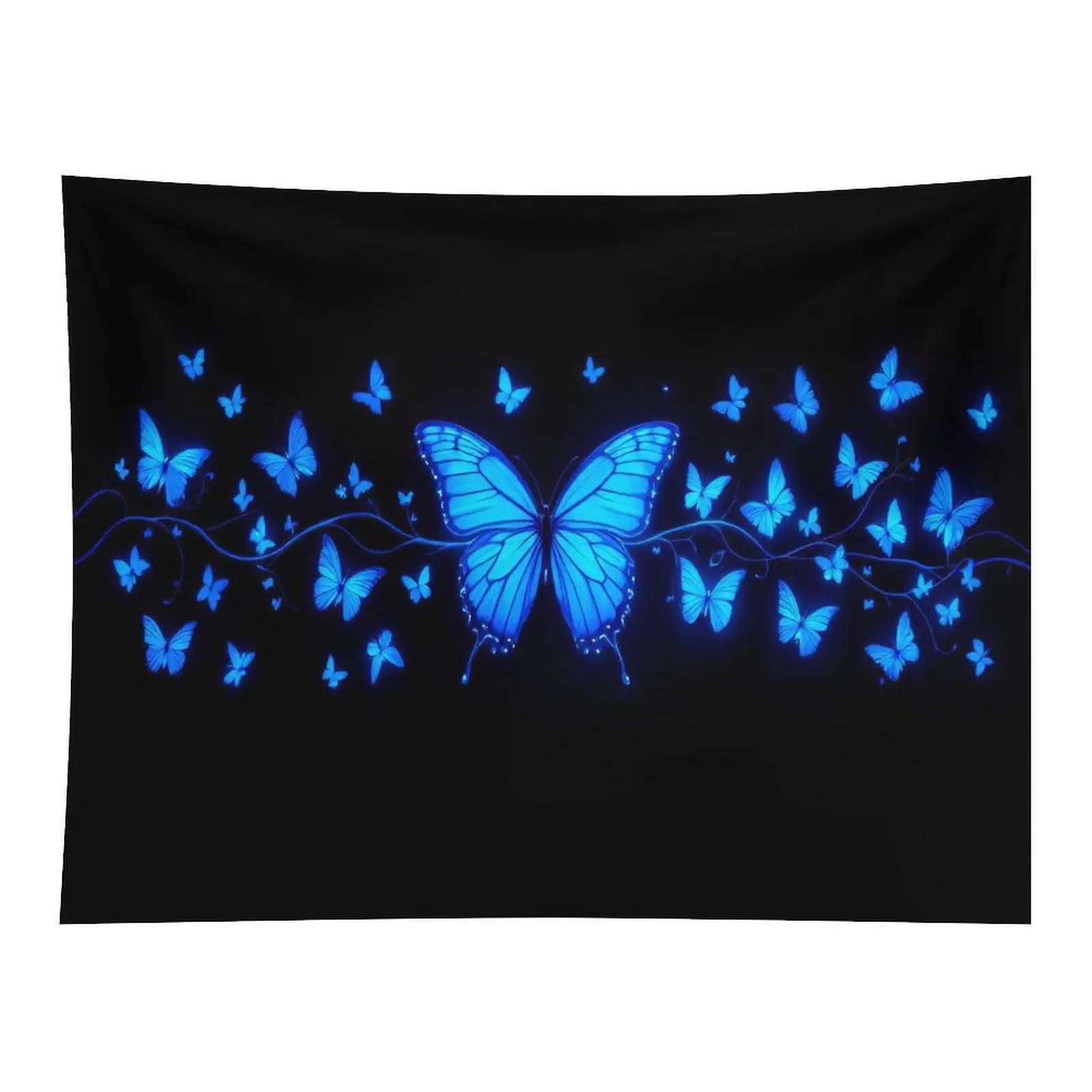 Glowing Neon Blue Butterflies Wall Tapestry, Luminous Butterfly Branch Pattern Against Black Background For Dreamy Dark Room Decoration