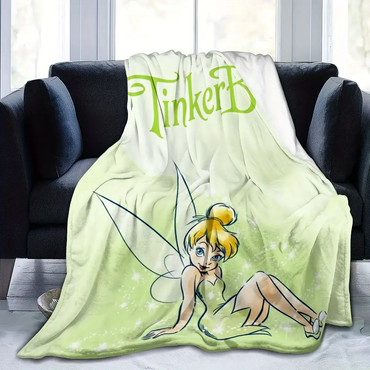 Tinker Bell Cartoon Pattern Soft Flannel Blanket - Wrinkle Resistant, Breathable, Durable, All-Season, General Use for Adults, Ideal for Bedrooms & Travel, Ideal Gift, Plush Throw Blanket for Sofa Couch Bed Bedding Decor