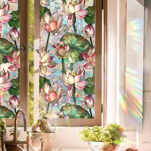 Stained Glass Window Film UV Resistant Window  Film Lotus Floral  Rainbow Decals Living Room Bedroom Sun Blocking Decor Removable Static Cling Stickers 17 x 78.74 Inch