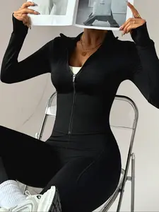 Women's Solid Color Zip Up Athletic Sports Jacket, Casual Long Sleeve Collared Zip Front Activewear Outerwear for Daily Wear, Ladies Sportswear Womenswear for All Seasons, Athleisure Style