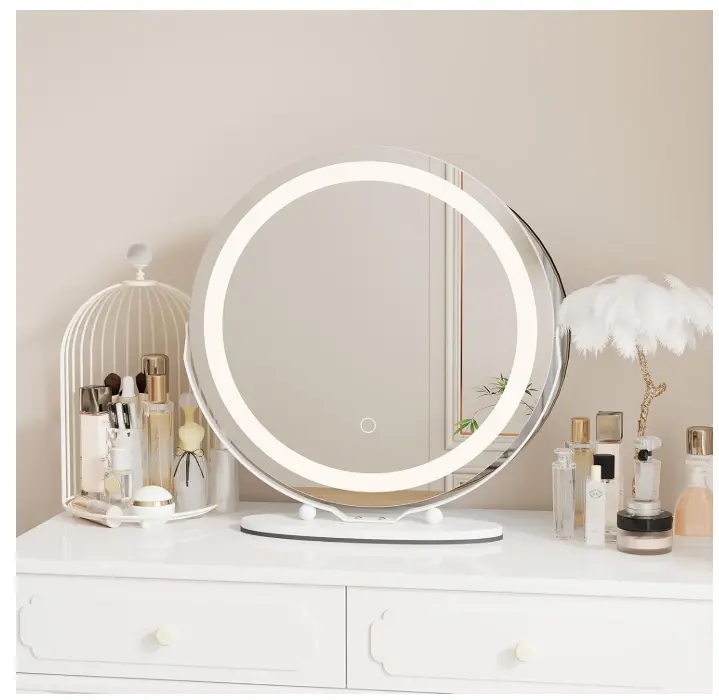 19-Inch Round LED Vanity Mirror with Aluminum Alloy Frame and Glass, Smart Touch Control, 3-Color Dimmable Lighting, 360° Rotatable Light-Up Makeup Mirrors for Bedroom Living Room, Black/white