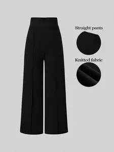 Women's Stretchy Crossover High Waist Wide Leg Pants Tummy Control Elastic Waist Pintuck Straight Trousers Office Workwear Business Casual Chic Elegant Slacks Long Dress Pants Solid Black Flattering Fit Office Siren Old Money All Season Viral Basic