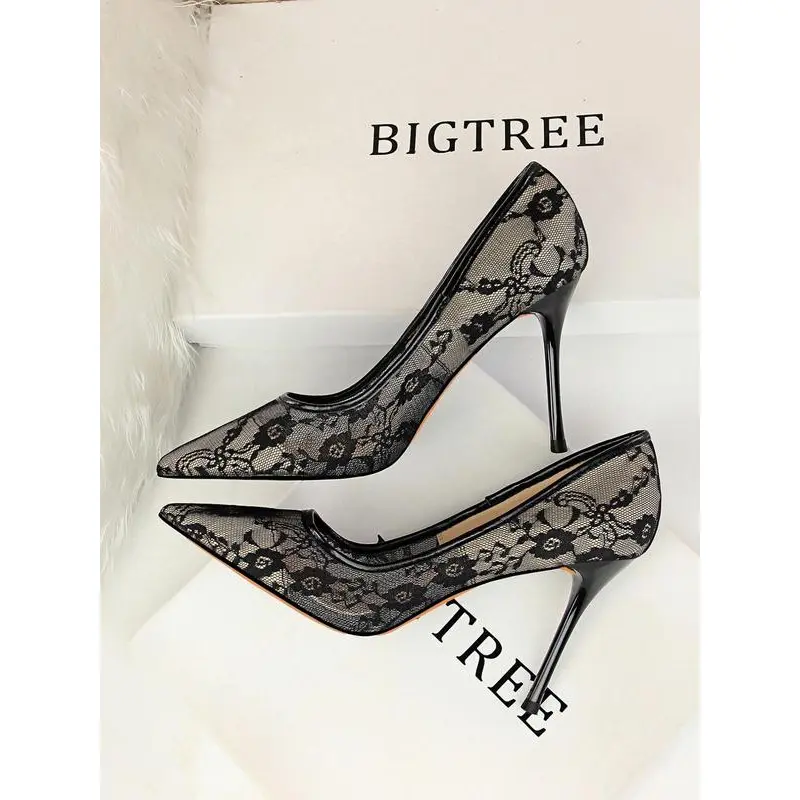 VibeSteps Women's Mesh Hollow Design with Contrast Lace Pointed Toe Stiletto Heeled, Stylish Elegant High Heeled Dress Formal Shoes for Party, Perfect Footwear for Outfit Matching, Wedding Party Shoes