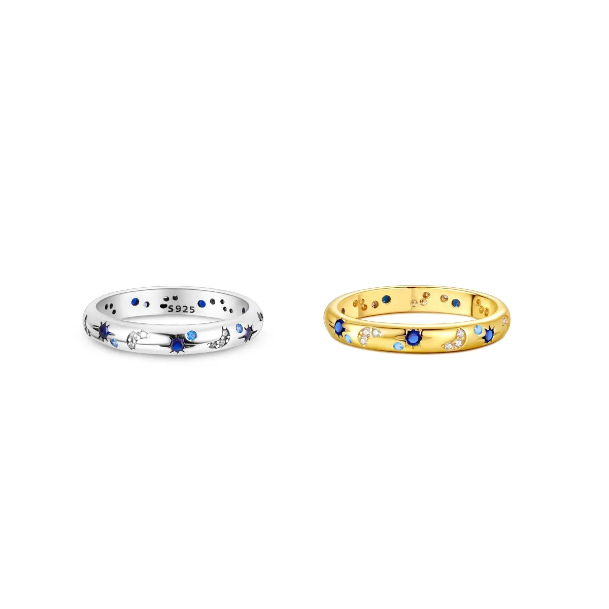 MULA Women's Silver-Gold Plated Costume Ring - Celestial Motif, Cosmic Star Design, Sparkling Zircons, Blue-White Cubic Zirconia Moon Accents, Everyday Wear Gift (Crystal, Classic Silver, Cubic Zirconia, Celestial Motif, Cosmic Star Rings), Crystal Rings
