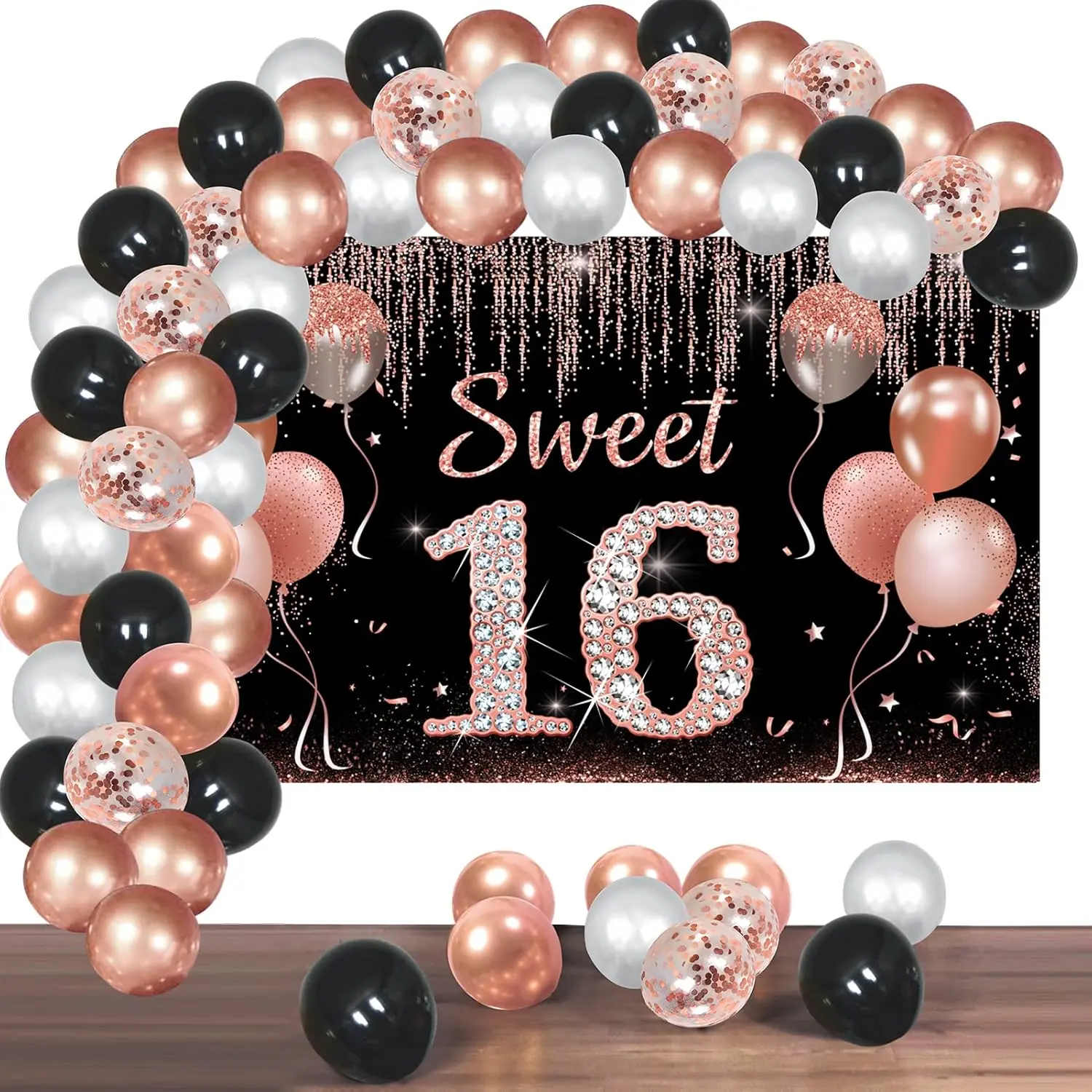 Sweet 16 Party Decorations for Girls, Rose Gold Sweet 16 Birthday Backdrop Confetti Balloon Arch Garland Kit Party Supplies, Sixteen Year Old Bday Photo Booth Decor