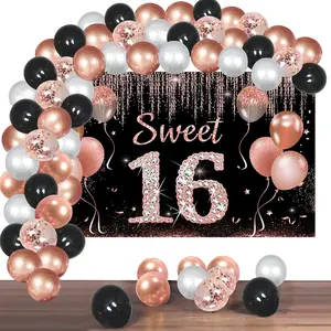 Sweet 16 Party Decorations for Girls, Rose Gold Sweet 16 Birthday Backdrop Confetti Balloon Arch Garland Kit Party Supplies, Sixteen Year Old Bday Photo Booth Decor