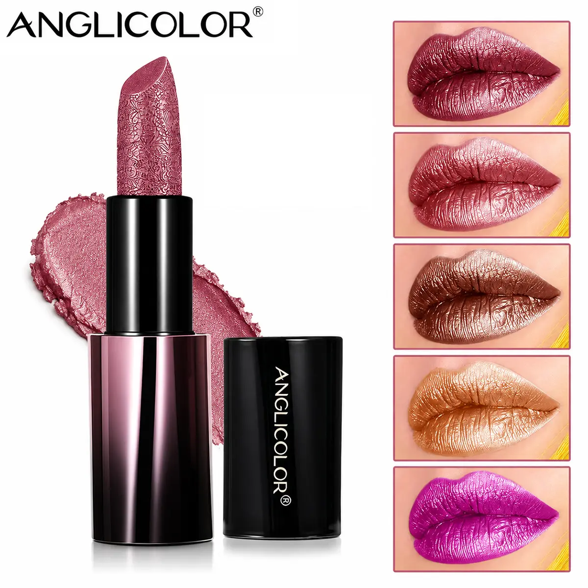 Metallic Lipstick with Embossed Bullet Design, High-Shine Creamy Lip Color, Smooth Glide Formula, Reflective Finish Makeup Lipstick for Women, 5 Metallic Shades.