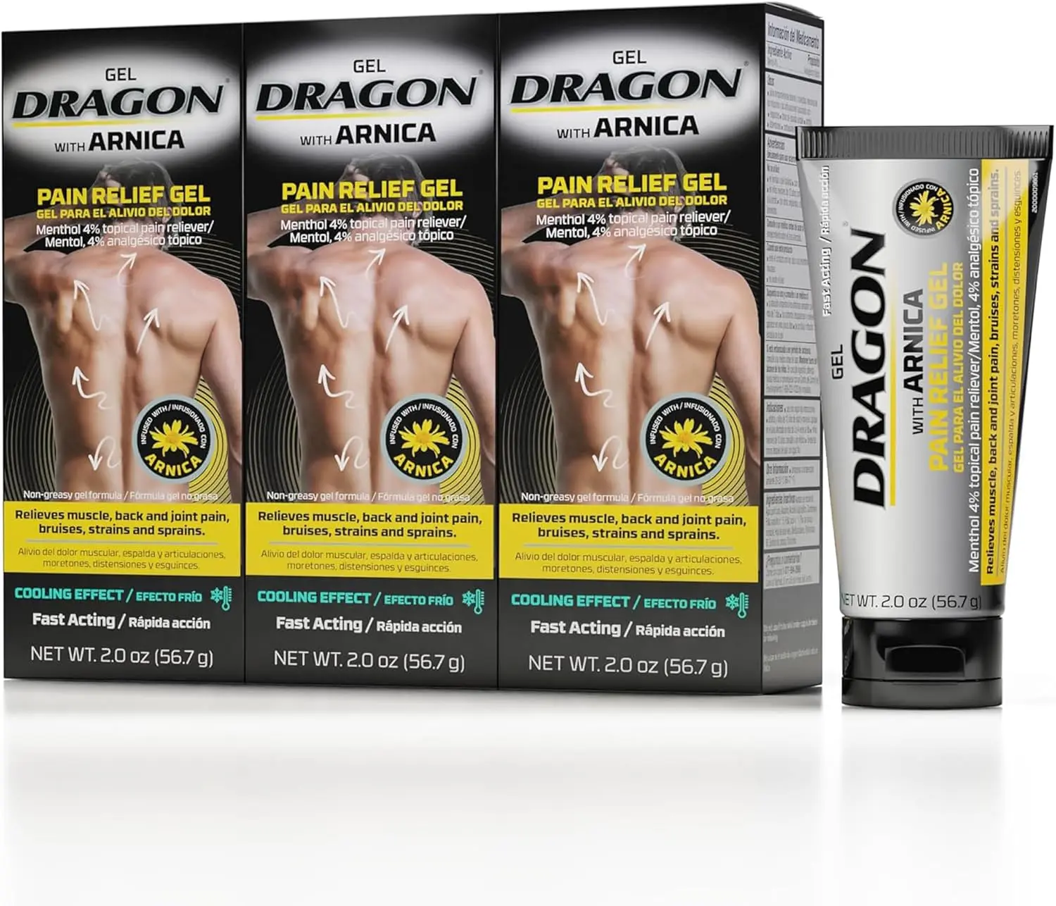 Dragon External Pain Relief Gel with Arnica for Muscle, 3 Pack, Back & Joint Pain, Bruises, Strains and Sprains, 2 Oz - 3 Pack