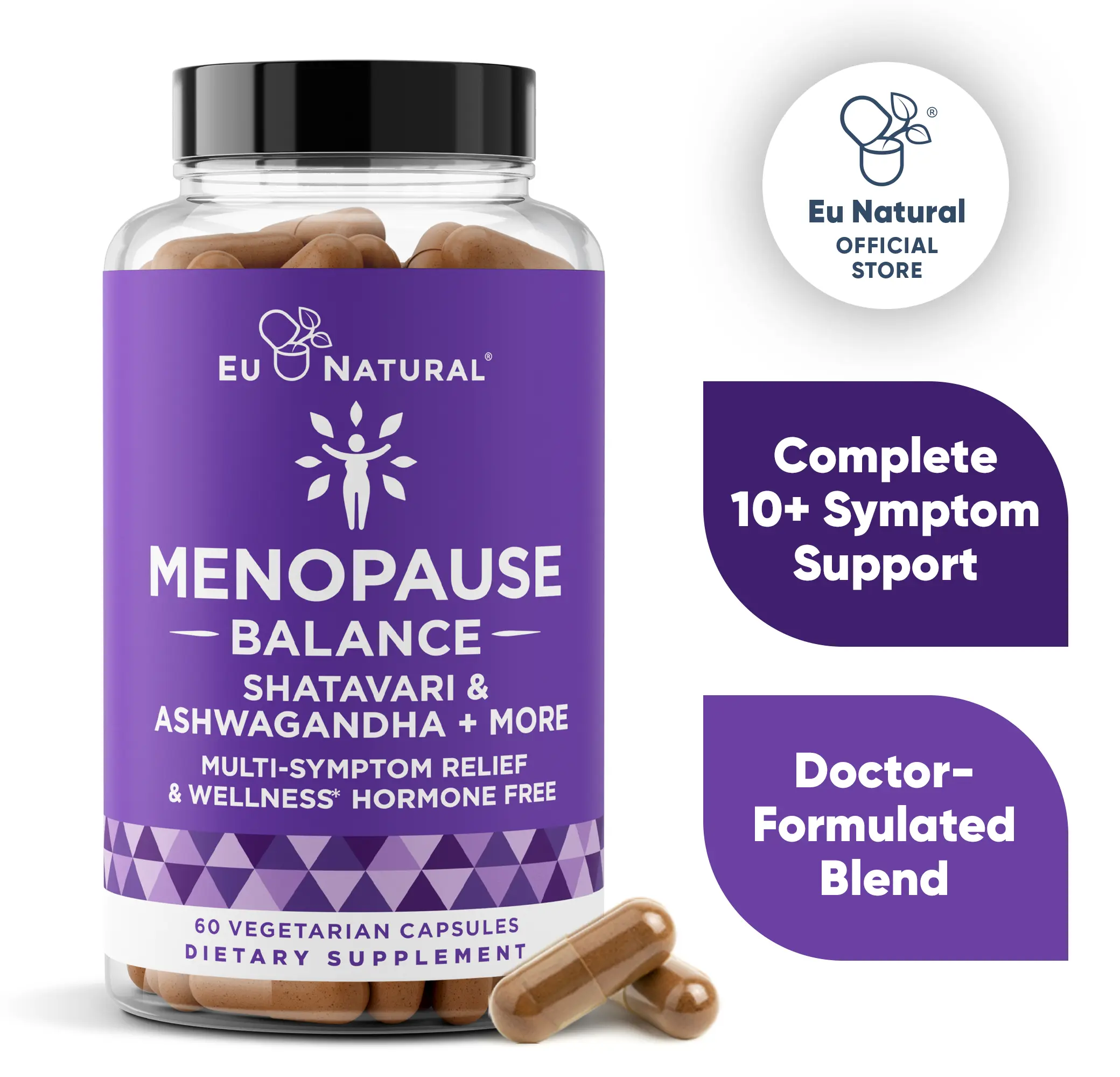 Eu Natural Menopause Balance – Shatavari & Ashwagandha Multi-Symptom Relief, L-Theanine & Holy Basil – Hot Flashes & Hormonal Balance – 60 Vegetarian Capsules