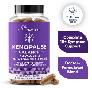 Eu Natural Menopause Balance – Shatavari & Ashwagandha Multi-Symptom Relief, L-Theanine & Holy Basil – Hot Flashes & Hormonal Balance – 60 Vegetarian Capsules