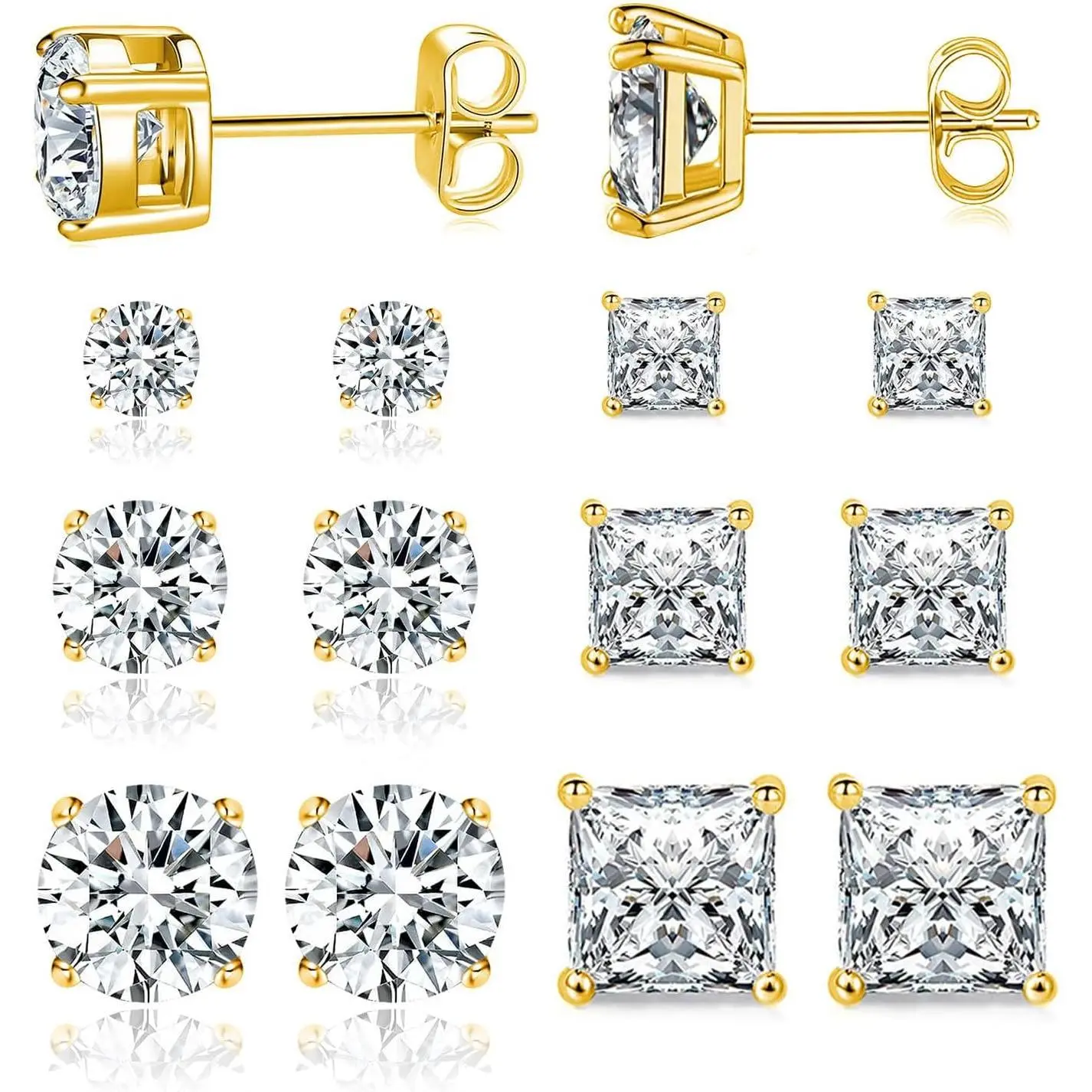 MDFUN 6 Pairs Round Cut Princess Cut Clear Cubic Zirconia Stud Earring of 6 Pairs E-0992 woman small huggie classic gift
