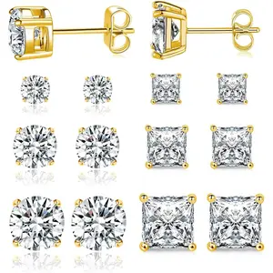 MDFUN 6 Pairs Round Cut Princess Cut Clear Cubic Zirconia Stud Earring of 6 Pairs E-0992 woman small huggie classic gift