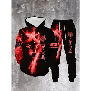 Men'S Casual Sweatshirt Set with a Blue Wolf Pattern, Stylish And Comfortable for Spring And Autumn