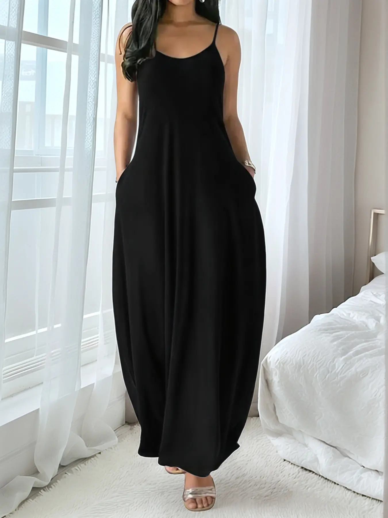 Women's Ultra-Long Leopard Print Fitted Dress, Round Neck Spaghetti Strap Sleeveless Pocket Sleepwear Nighty Dress Nightdress, Soft Casual Basic Everyday Loungewear Home Wear for All Seasons Womenswear