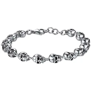 Gothic Skull Bracelets for Men Women, Stainless Steel/18K Gold Plated/Silver Black Punk Skeleton Head Chain Bracelet Party Accessories for Rapper Biker