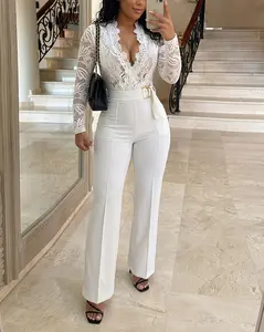 ChicMe Crochet Lace Trim Deep V-Neck Floral Lace Spliced Overalls Casual Zipper Back Wedding Guest Seam Front Jumpsuit with Belt