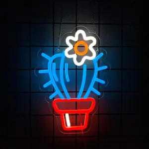 Cactus Neon Sign Potted Neon Light Cactus With a Flower LED Light Sign Plant Sign Houseplant Decoration Neon Aesthetic Decor for Bedroom Flower Store Birthday Holiday