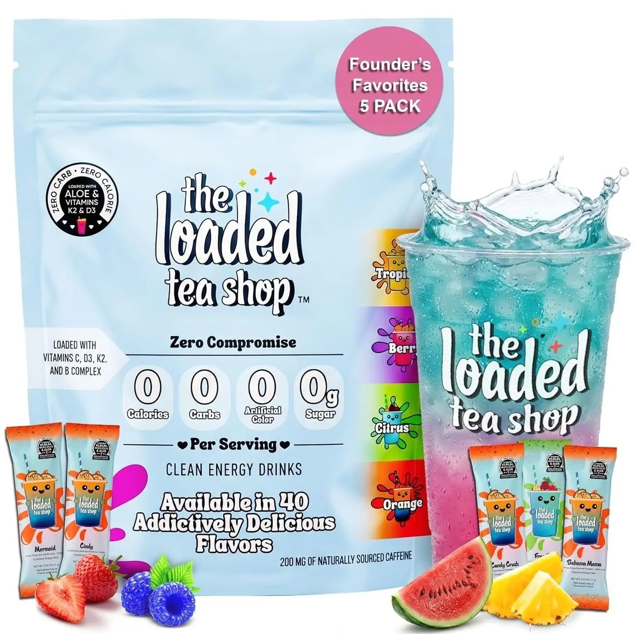 The Loaded Tea Shop Energy Drink Mix Sticks, Founder’s Favorites 5 Pack, Sugar-Free, Zero Calories, 200mg Natural Caffeine, No Artificial Colors/Flavors, Powder Packets w/ B Vitamins - Energy Drink Alternative