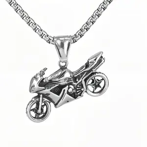 Retro Unisex Titanium Steel Vintage Sport Motorcycle Pendant Necklace, Punk Hip Hop Biker Lover Fashion Sweater Chain for Daily Wear Premium Hypoallergenic