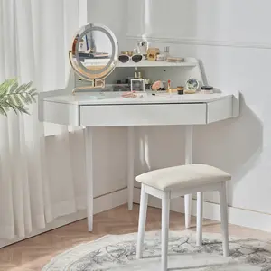 Corner Makeup Vanity Desk Set with LED Mirror & Stool - Modern Dressing Table with Adjustable Brightness, Folding Design for Small Spaces, 3-Color Lighting (White)