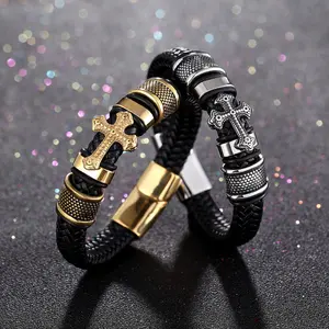 1pc punk simple woven retro cowhide bracelet men's leather bracelet magnetic buckle cross alloy simple jewelry business bracelet