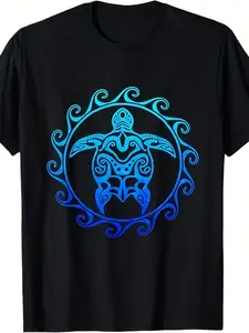 Sea Blue Tribal Hawaiian Turtles Tee, for adults, Halloween, Black Friday, Christmas Eve, soft touch fabric, classic fit, travel outfit