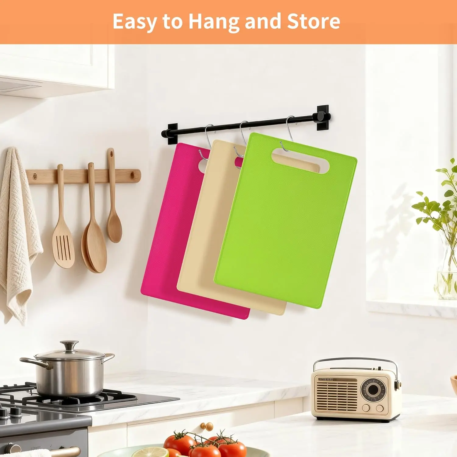 3-Piece Plastic Cutting Boards | BPA-Free Kitchen Chopping Board Set, Dishwasher Safe, Flexible, Colour Coded, Easy-Grip Handle