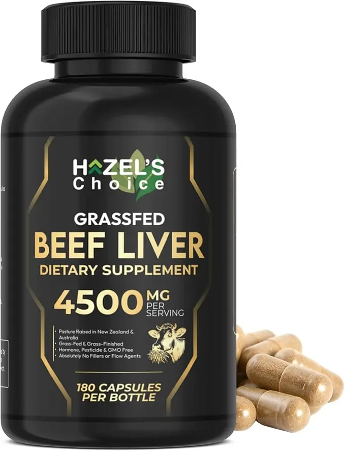 HAZEL'S CHOICE Grassfed Beef Liver Dietary Supplement Capsules - 4500mg, 180 Count, 30 Servings, Unflavored, Gluten-Free, Vitamin-Rich Botanical Multi-Support for Adult Metabolism & Youth Liver Health, Vitamins, Adults