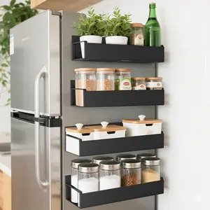 4 Pack Magnetic Spice Rack Organizer with Hooks for Refrigerator and Oven, Black Fridge Organizers and Storage for Kitchen