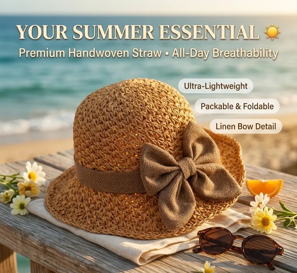 Women’s Wide Brim Straw Sun Hat, Foldable Beach Hat with Bow, Packable Summer Hat for UV Protection, Beach, Travel, Vacation, Pool & Gardening