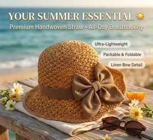 Women’s Wide Brim Straw Sun Hat, Foldable Beach Hat with Bow, Packable Summer Hat for UV Protection, Beach, Travel, Vacation, Pool & Gardening