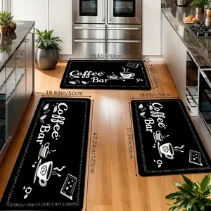 Coffee Bar Kitchen Rugs Set, Non-Slip Washable Floor Mats, Black & White Hand Drawn Coffee Print Runner Carpets for Kitchen, Coffee Bar & Farmhouse Decor