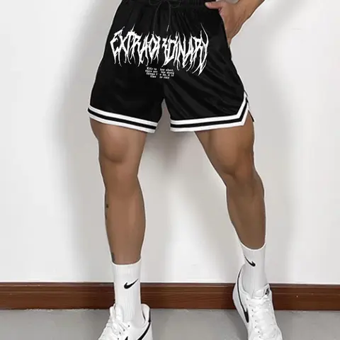 Men's Letter Print Drawstring Waist Shorts, Street Fashion Casual Loose Contrast Tape Straight Leg Shorts for Daily Outdoor Wear, Summer Bottoms for Men, Casual Streetwear Shorts, Drawstring Waistband Shorts, Street Style Shorts