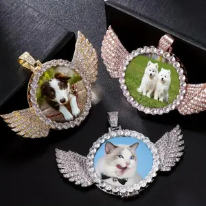 CZ Stone Personalized Big Picture Pendant Cirlcle Chain Custom Memorial Chain Wing Round Color Photo Pendant Necklace Simple for Prank DIY Hip Hop Jewelry