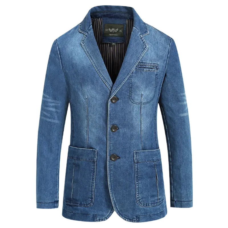 Men’s 100% cotton denim casual suit jacket — washed distressed, slim fit, single-breasted blazer; men’s pure cotton denim suit jacket; men’s business casual washed denim small suit jacket top