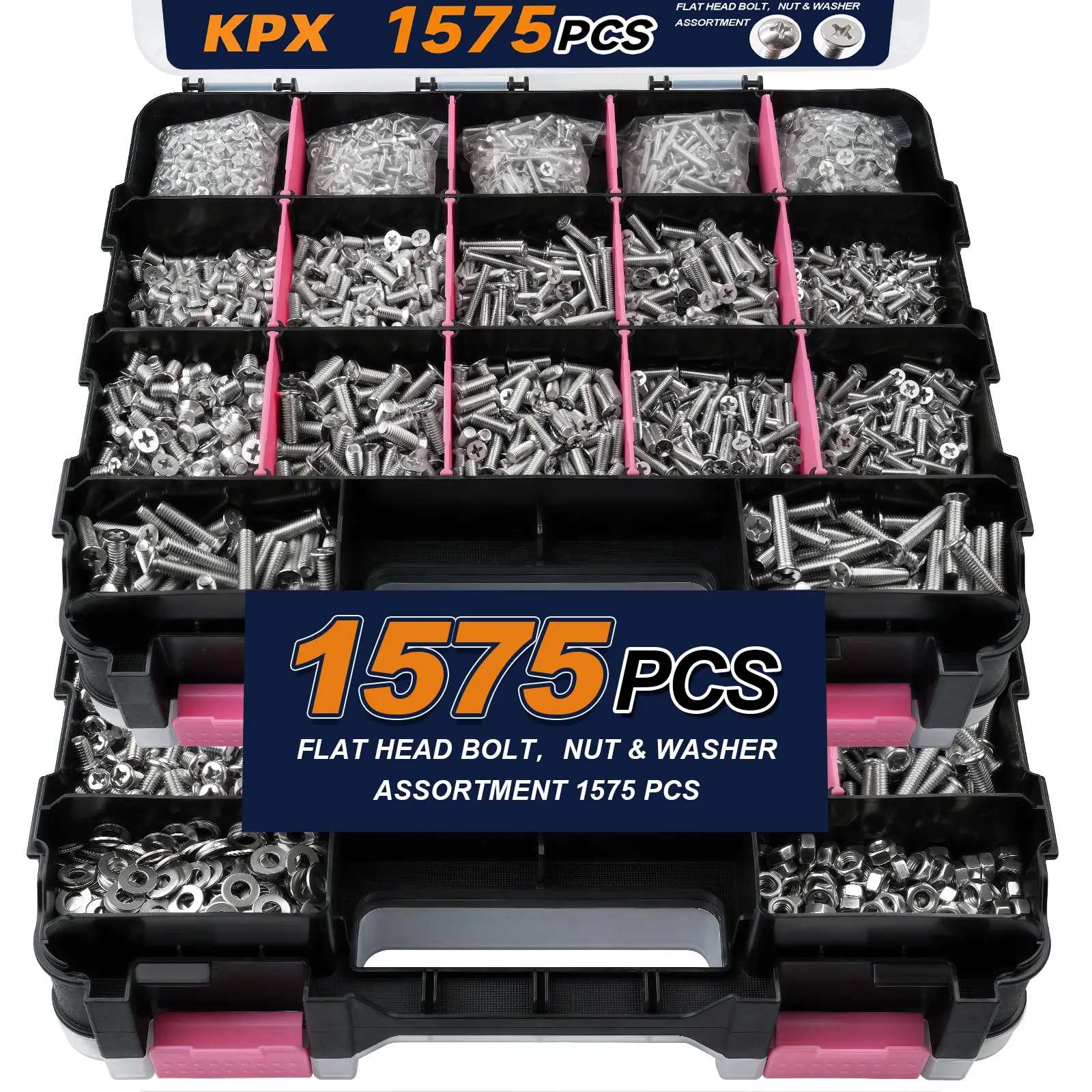 KPX 1575-Piece Assorted Nut and Bolt Set, 304 Stainless Steel Phillips, Flat-Head, and Slotted Screws, Various Common Nuts, Bolts, and Washers, Comes with a Sturdy Double-Sided Storage Case, Sturdy and Durable