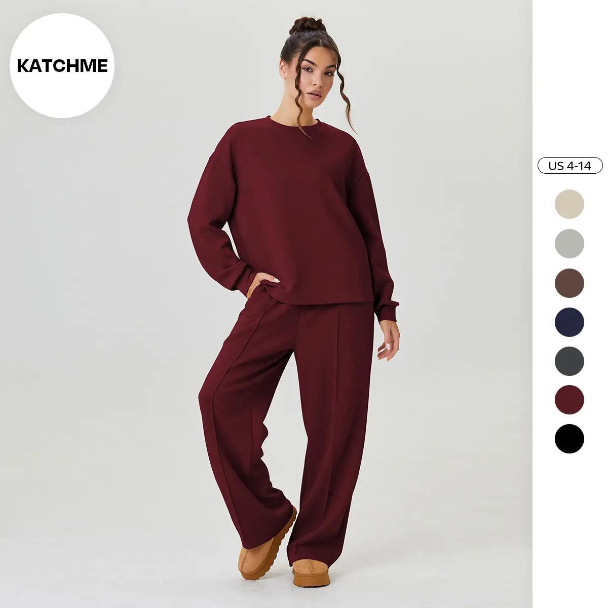 KatchMe Women's Casual Solid Color Long Sleeve Top & Exposed Stitches Trousers Co-ord, Round Neck Top & Wide Leg Trousers Two Piece Sets, Loose Womenswear